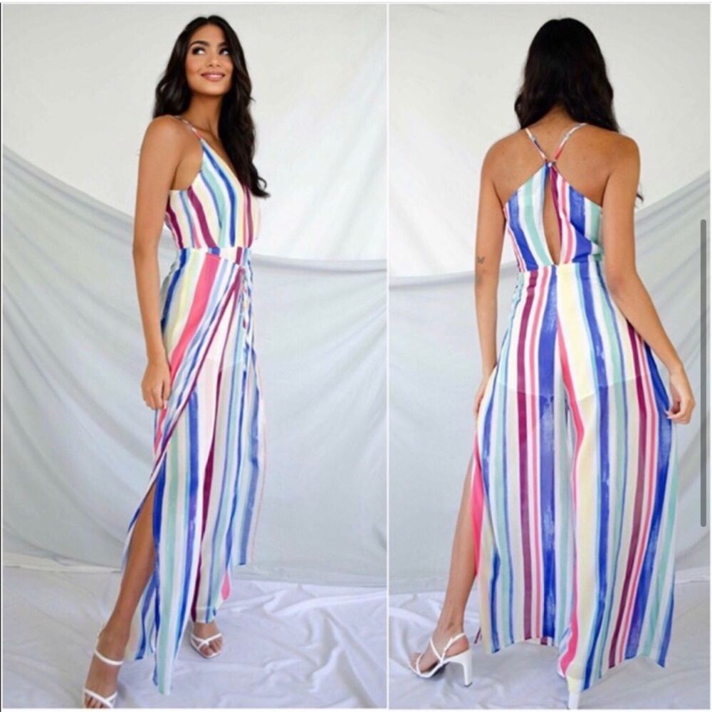 🎉LAST ONE🎉Colorful stripes slit pant jumpsuit with shorts - Picture 4 of 4
